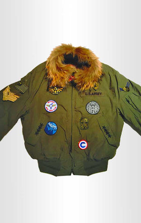 Load image into Gallery viewer, Front view of CdJ Furbomb jacket with multiple military-style embellishments and fur collar lining.
