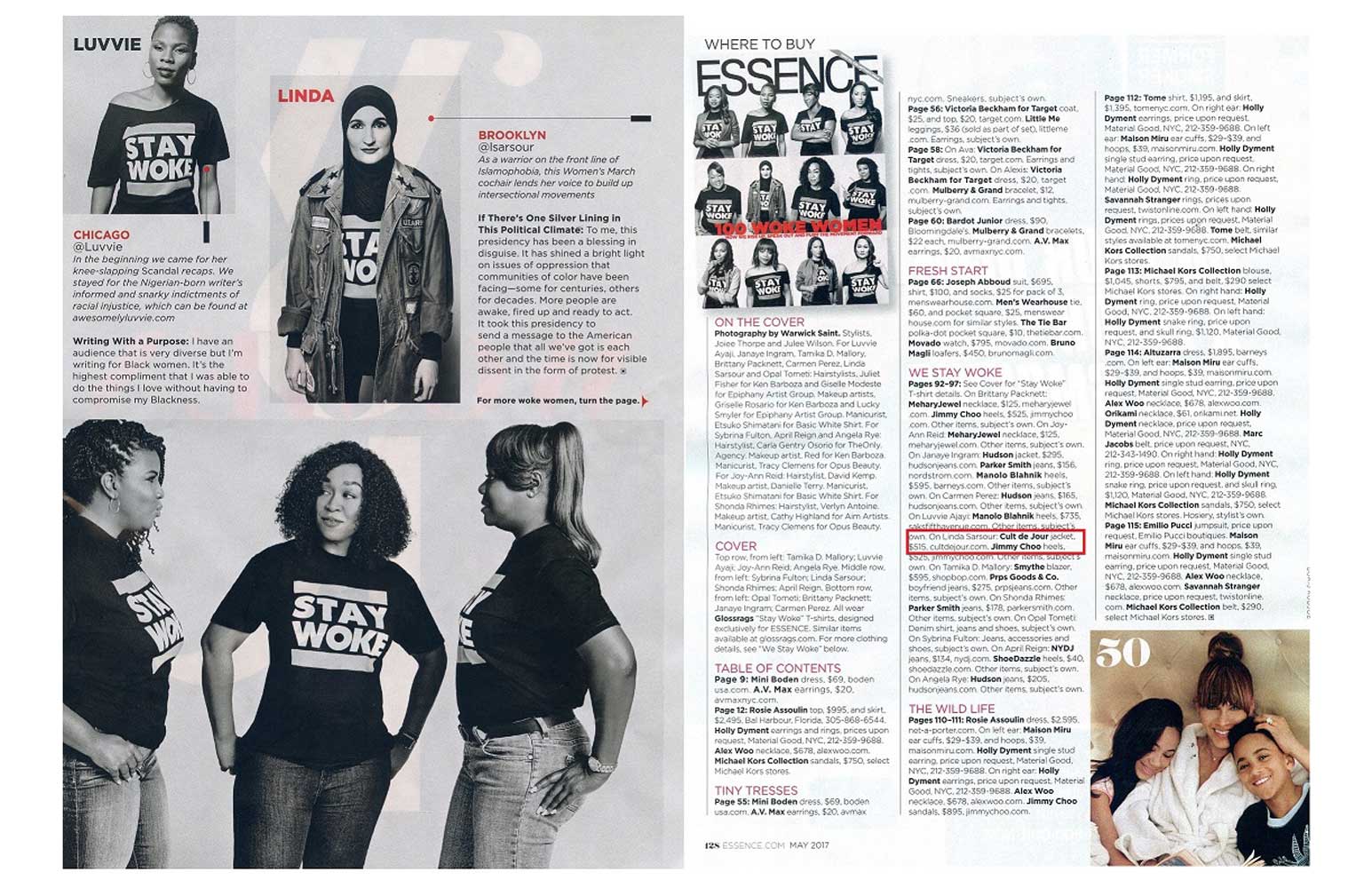 Essence Magazine page spread with photo of Cult de Jour jacket and credit to Cult de Jour. Text reads: On Linda Samsour: Cult de Jour jacket.
