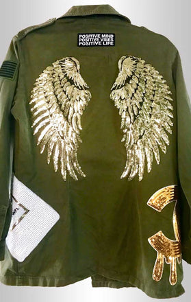 Load image into Gallery viewer, Army-green military jacket back donned with shiny gold wings and other embellishments.
