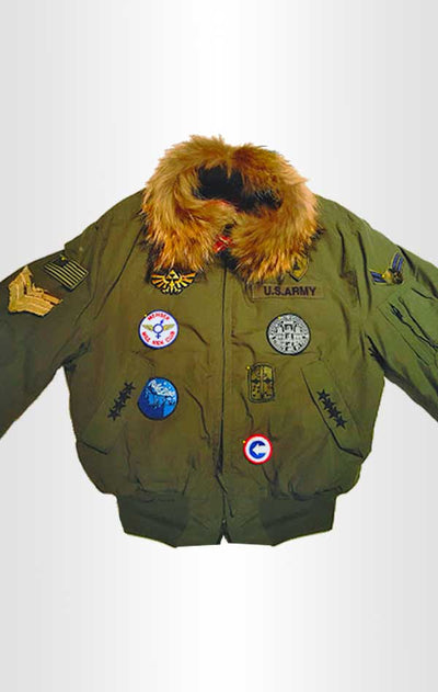 Front view of CdJ Furbomb jacket with multiple military-style embellishments and fur collar lining. 