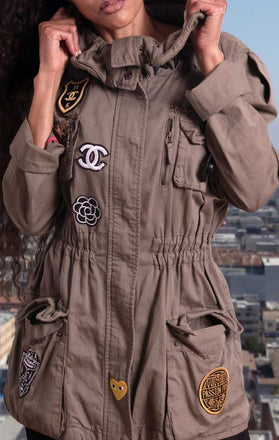 Load image into Gallery viewer, Female models collar feature on CdJ Special Order jacket.

