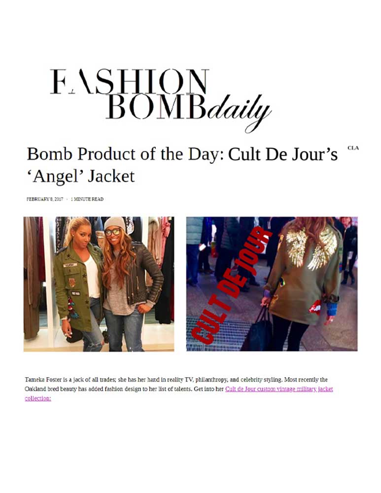 Fashion Bomb Daily article with photos of Cult de Jour jacket on NeNe Leakes. Text reads: Bomb Product of the Day: Cult de Jour's 'Angel' Jacket.